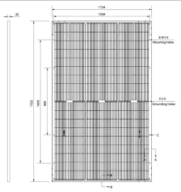Illustration du panneau solaire TOPCON 440W avec mesures en millimètres, dimensions pour une installation précise.