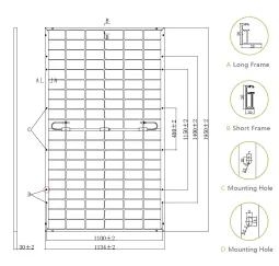 Illustration du panneau solaire TOPCON 500W avec cadre long, cadre court et trous de montage, ainsi que mesures en millimètres pour une installation précise.