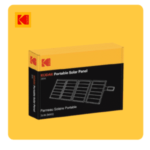 Boîte du panneau solaire portable KODAK 36 W – emballage officiel jaune et noir